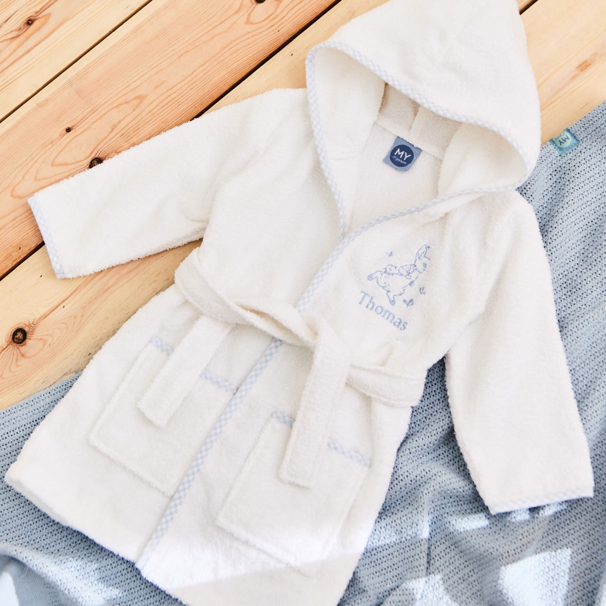 Personalised Blue Gingham Trim Peter Rabbit Towelling Robe