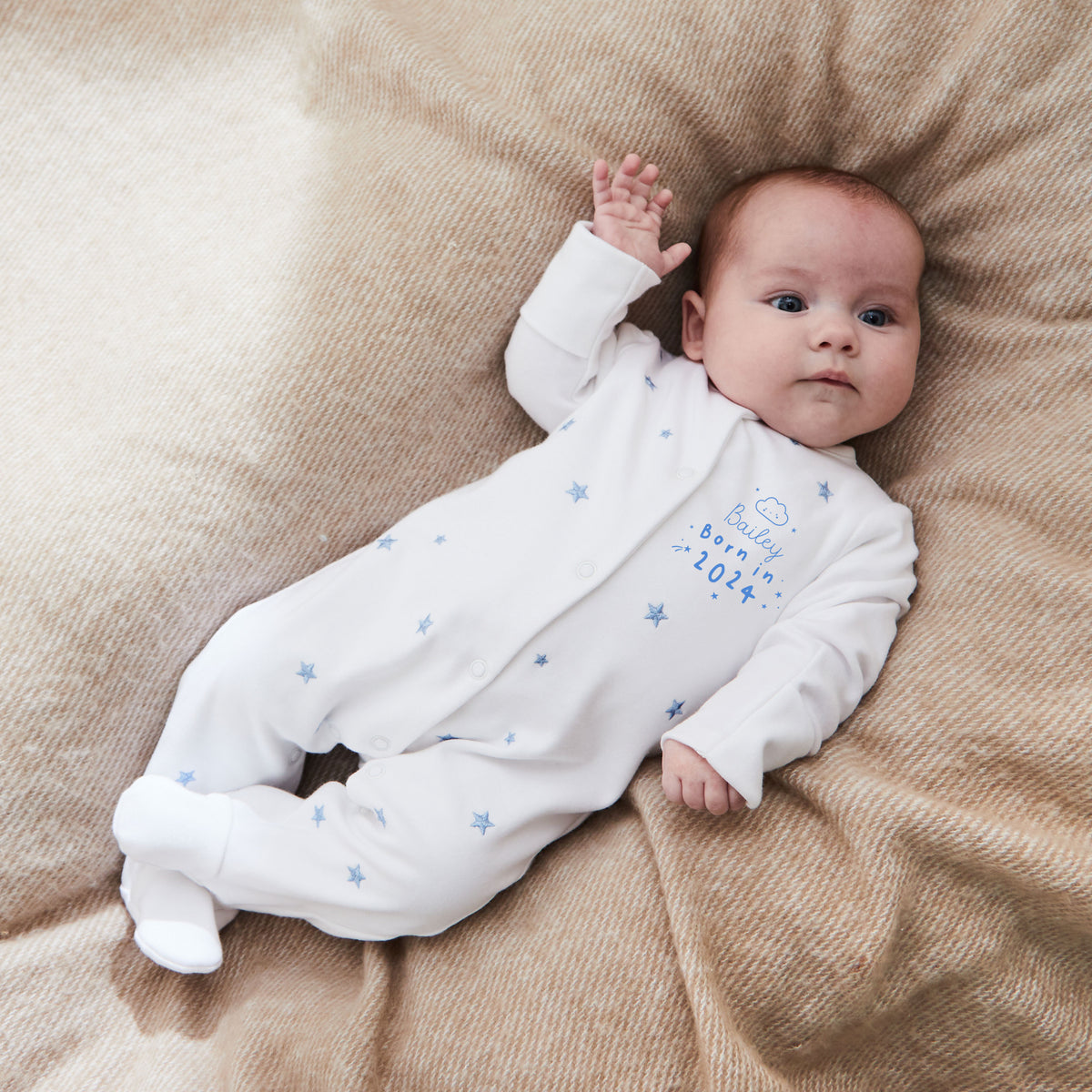 Personalised Born in 2024 Blue Star Design Sleepsuit