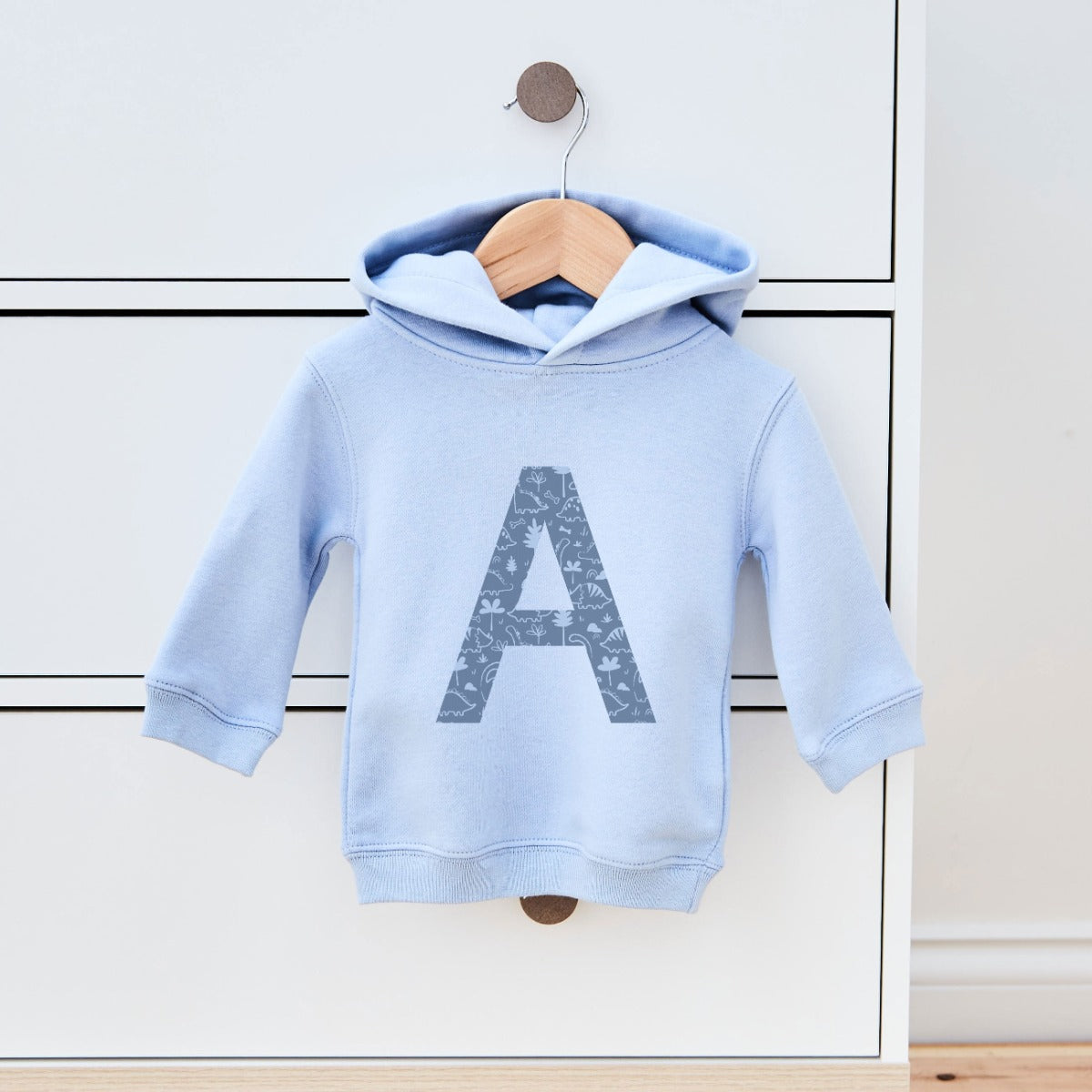 Personalised Blue Dinosaur Design Initial Hoodie