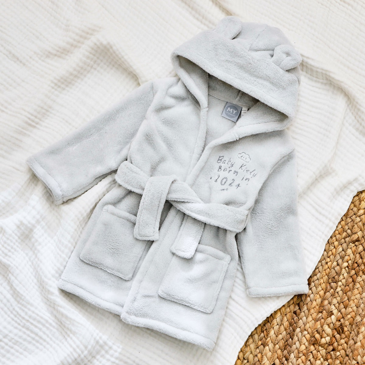 Personalised Born in 2024 Grey Fleece Robe with Ears