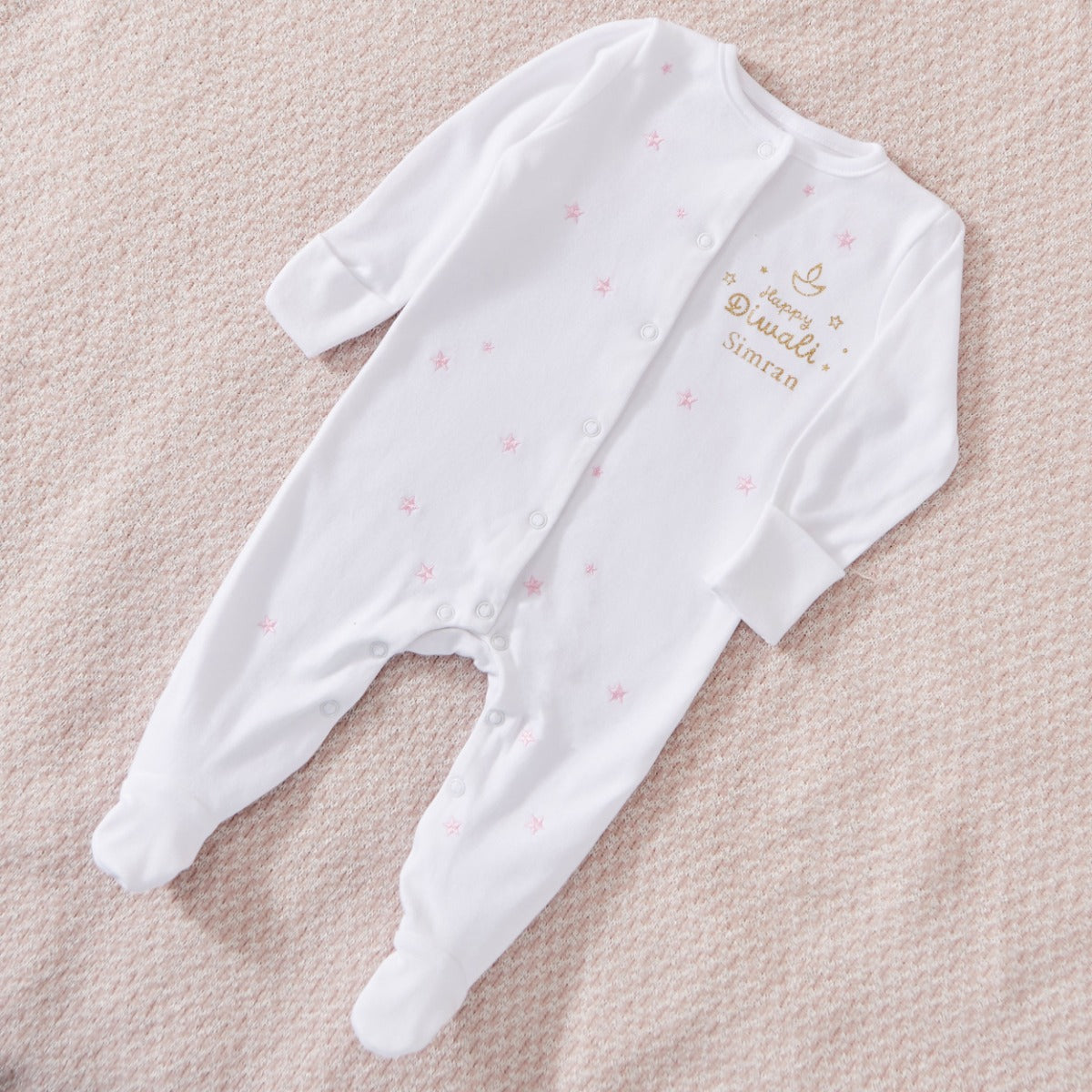Personalised 'Happy Diwali' Pink Star Sleepsuit