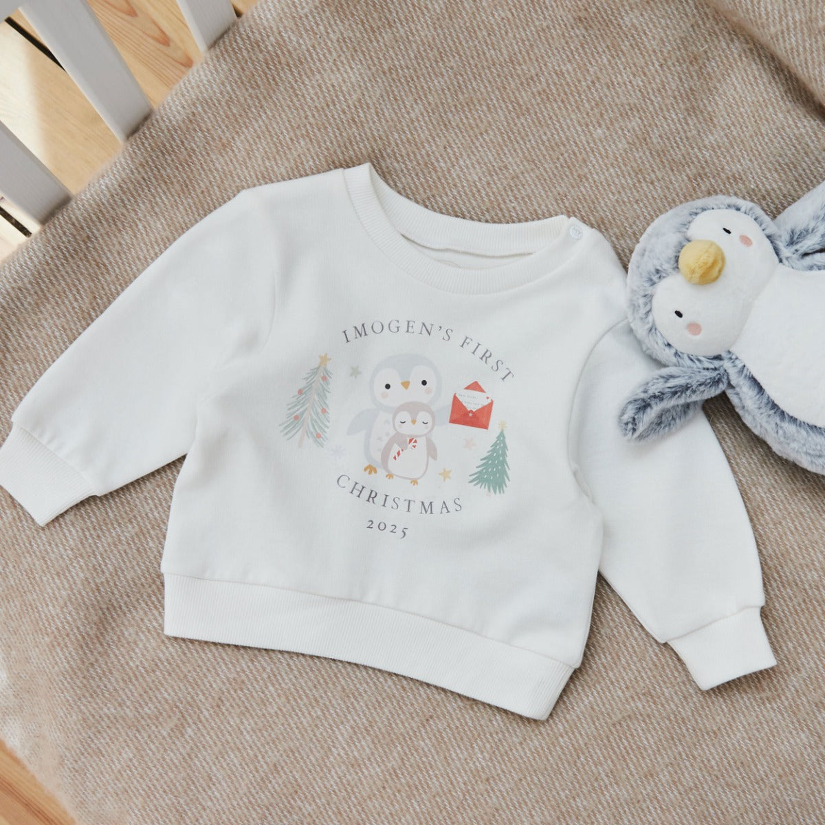 Personalised Penguin First Christmas Ecru Sweatshirt
