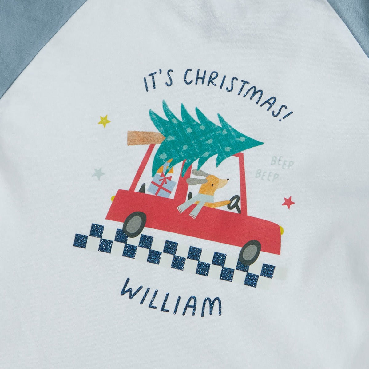 Personalised Checkered Christmas Car Blue Jersey Pyjamas