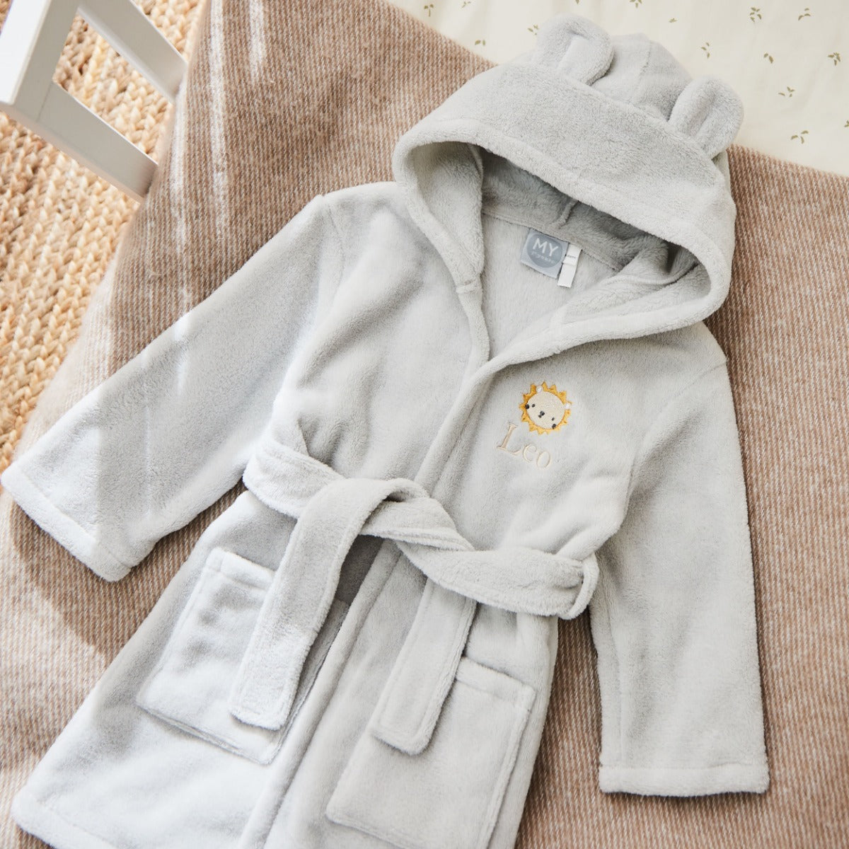 Personalised Lion Cub Grey Fleece Robe with Ears