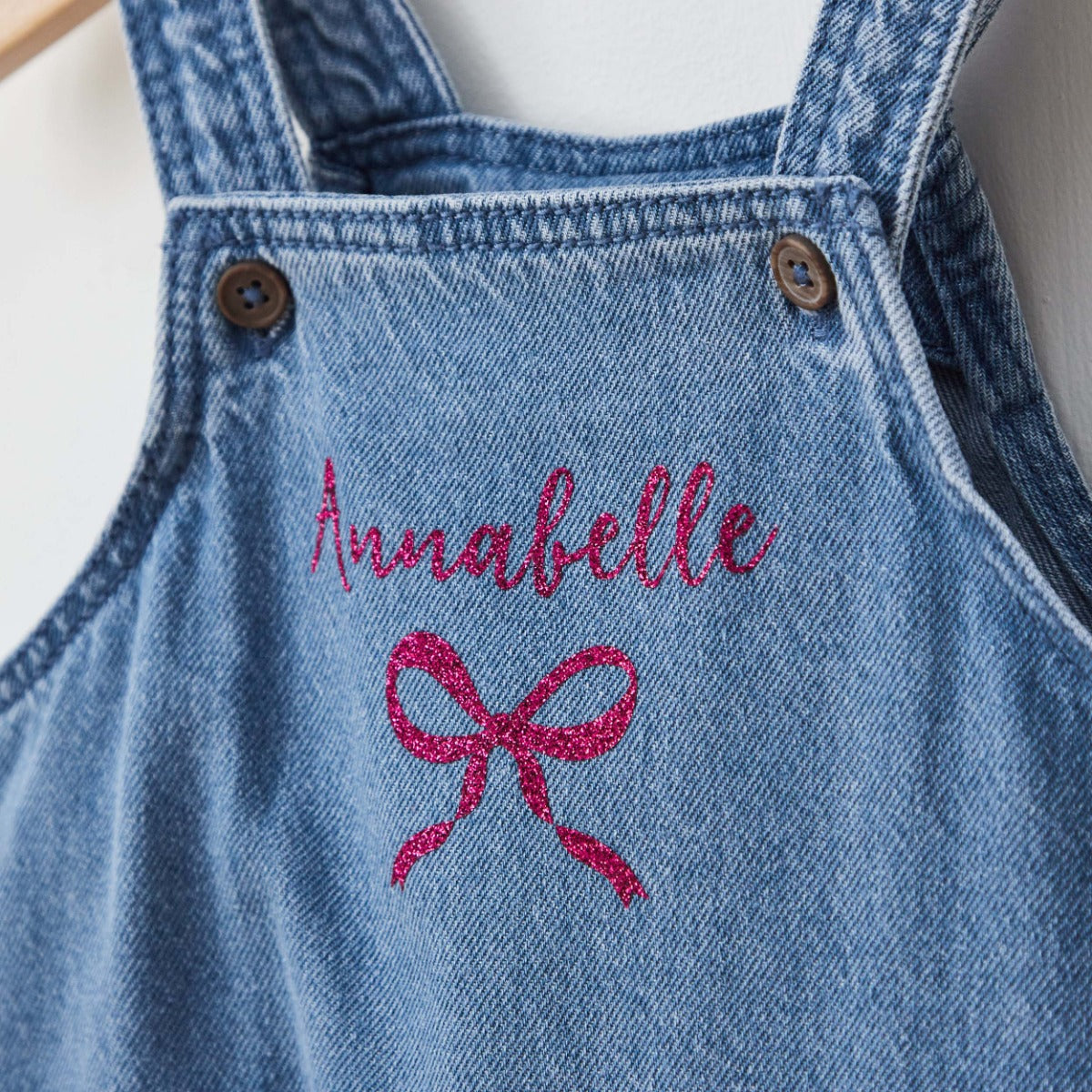 Personalised Pink Glitter Bow Denim Dungarees