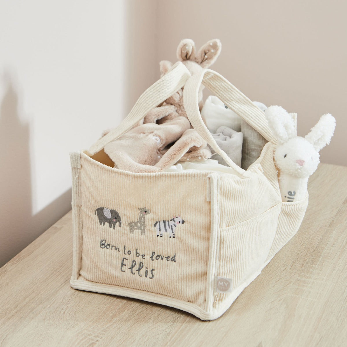 Personalised Born To Be Loved Animal Nappy Caddy 