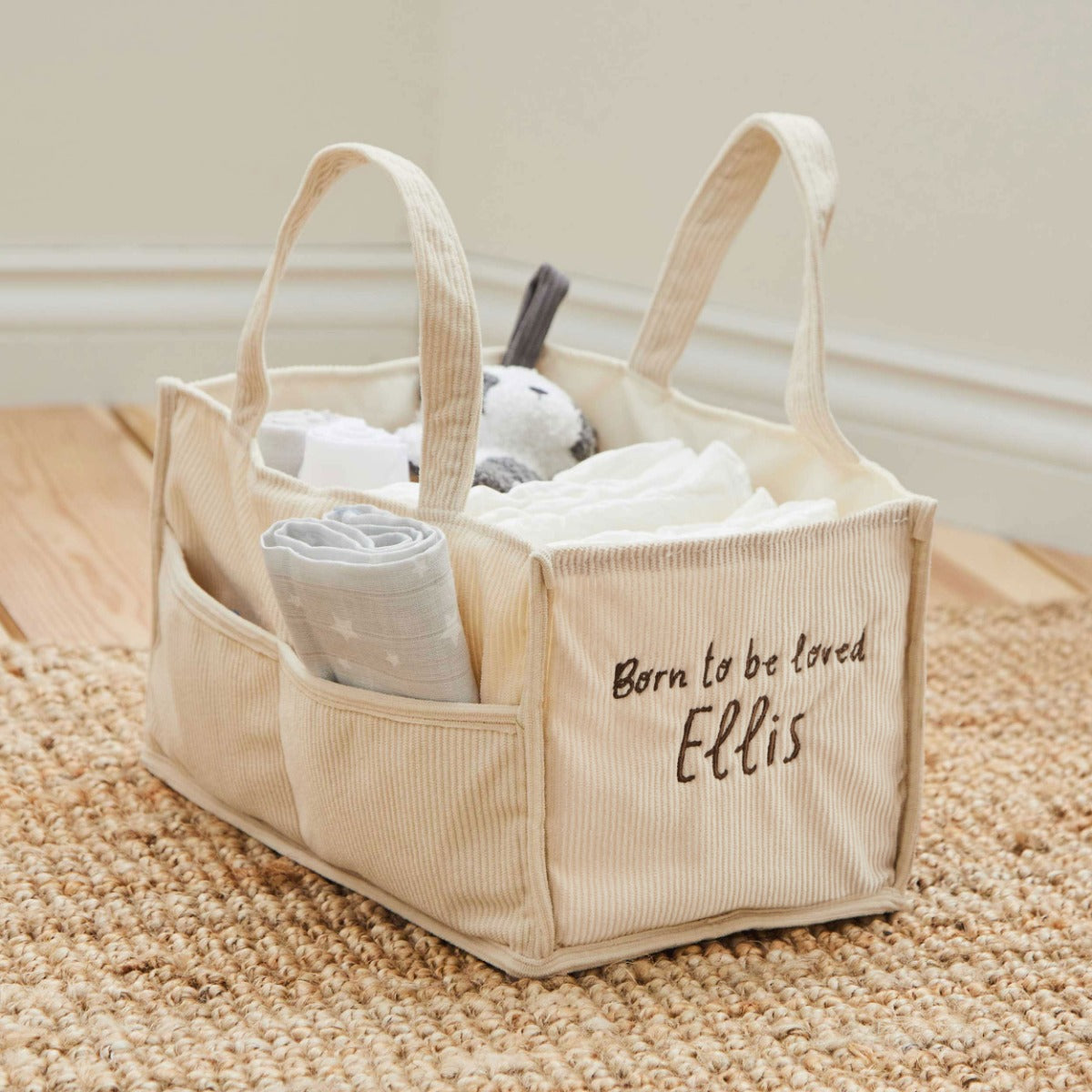 Personalised Ecru Born To Be Loved Nappy Caddy 