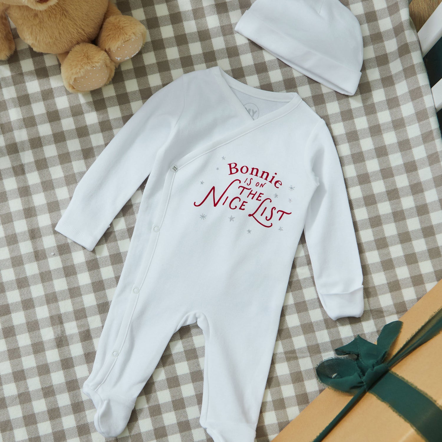 Personalised Name Nice List Wrap Sleepsuit & Hat Gift Set 