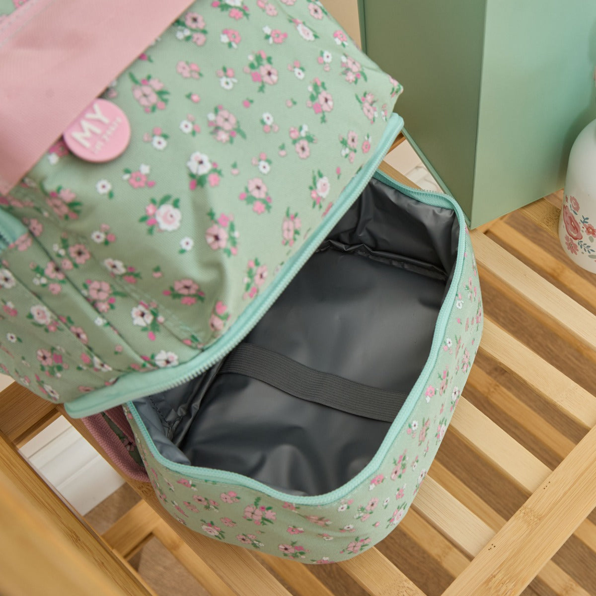 Personalised Sage Ditsy Floral Compartment Backpack 