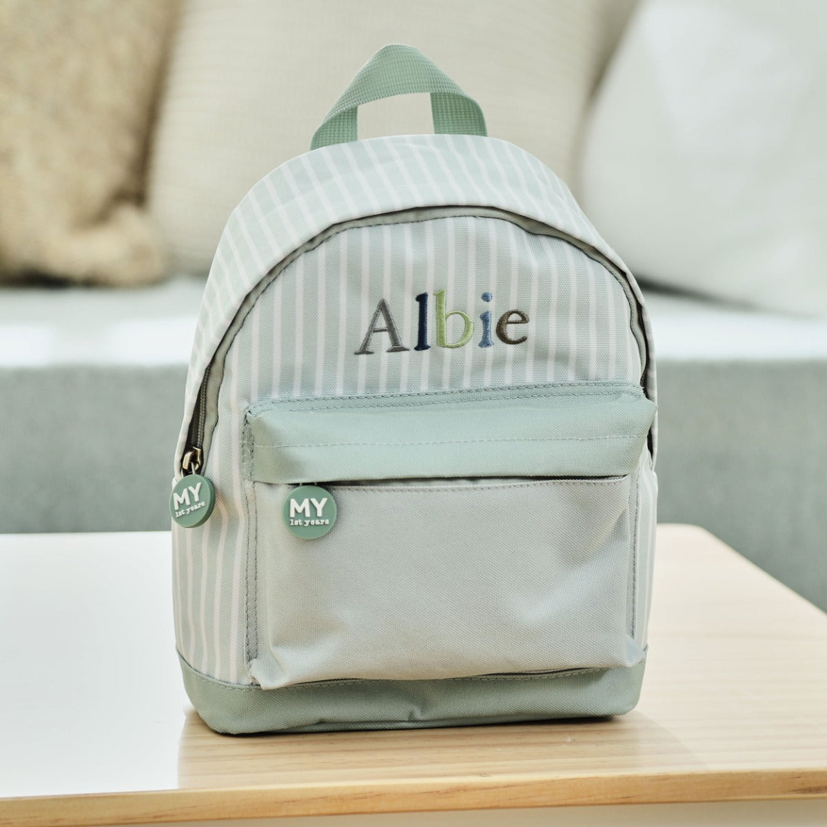 Personalised Sage Stripe Mini Backpack 
