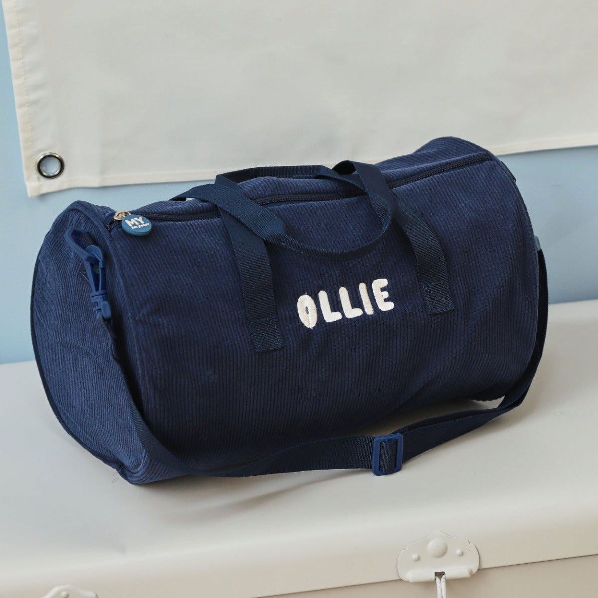 Personalised Navy Cord Barrel Bag 