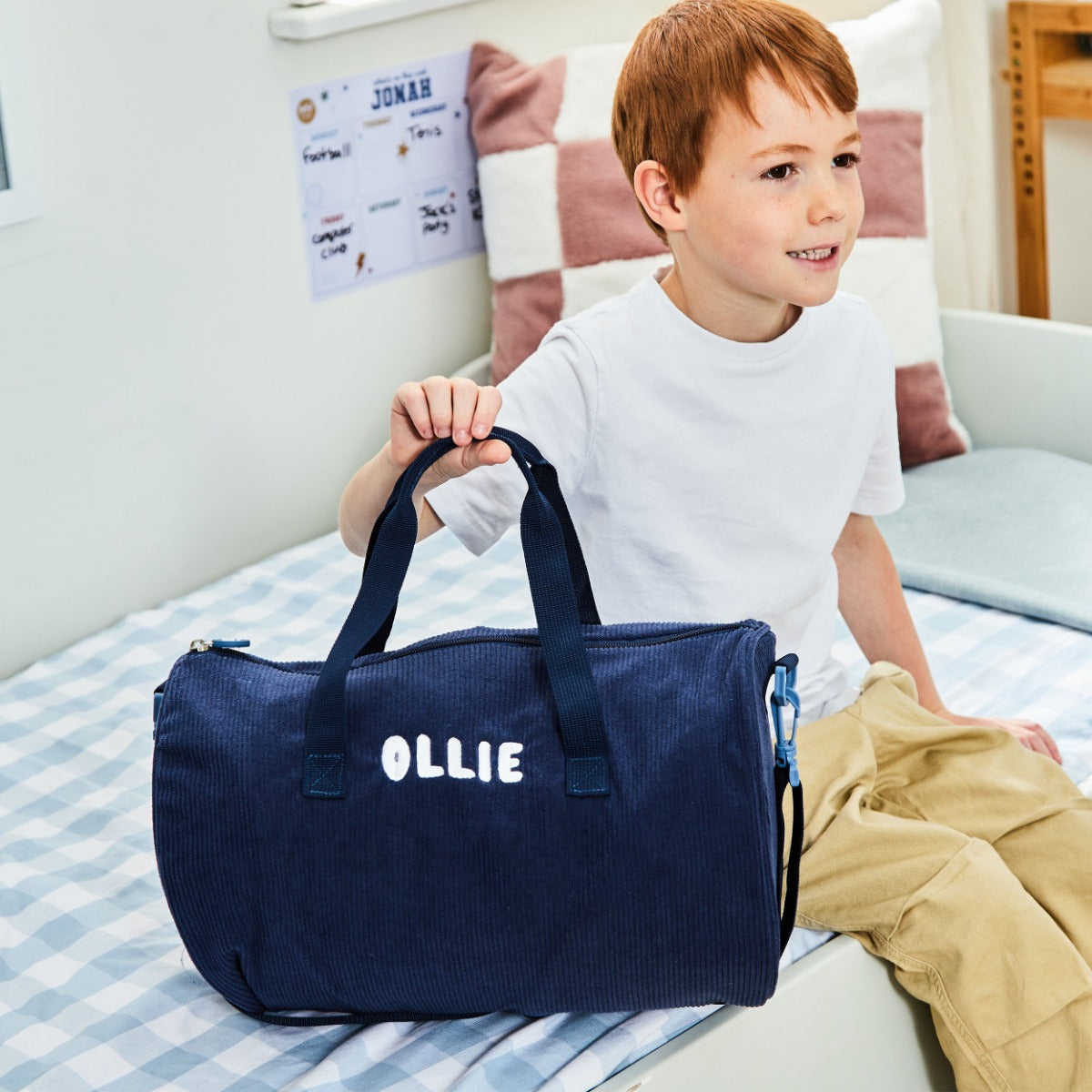 Personalised Navy Cord Barrel Bag 