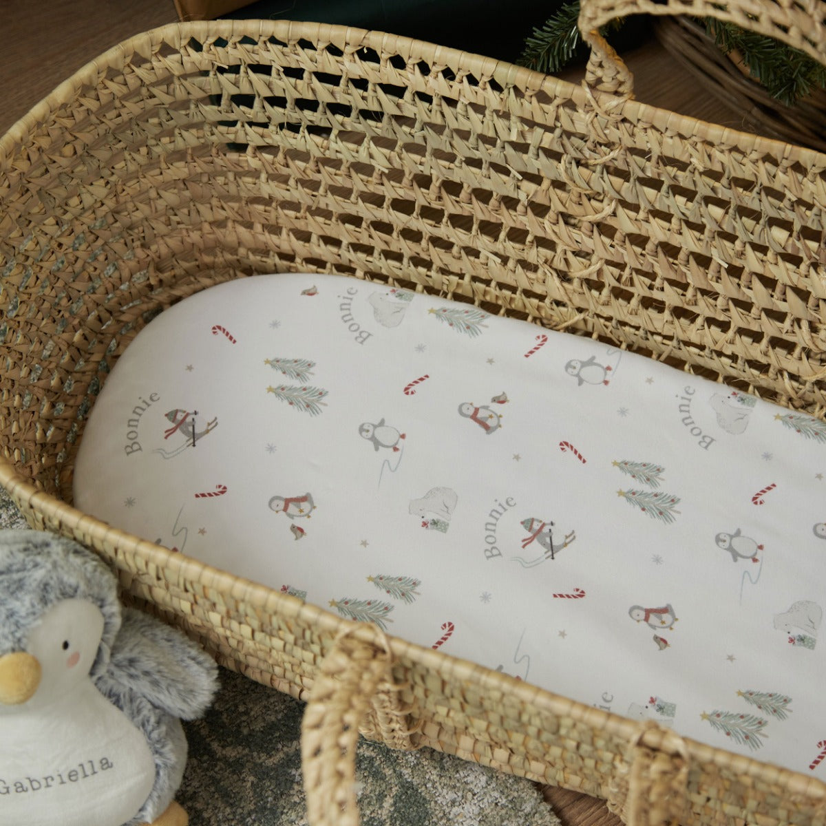 Personalised Penguin Skiing Moses Basket Bed Sheet