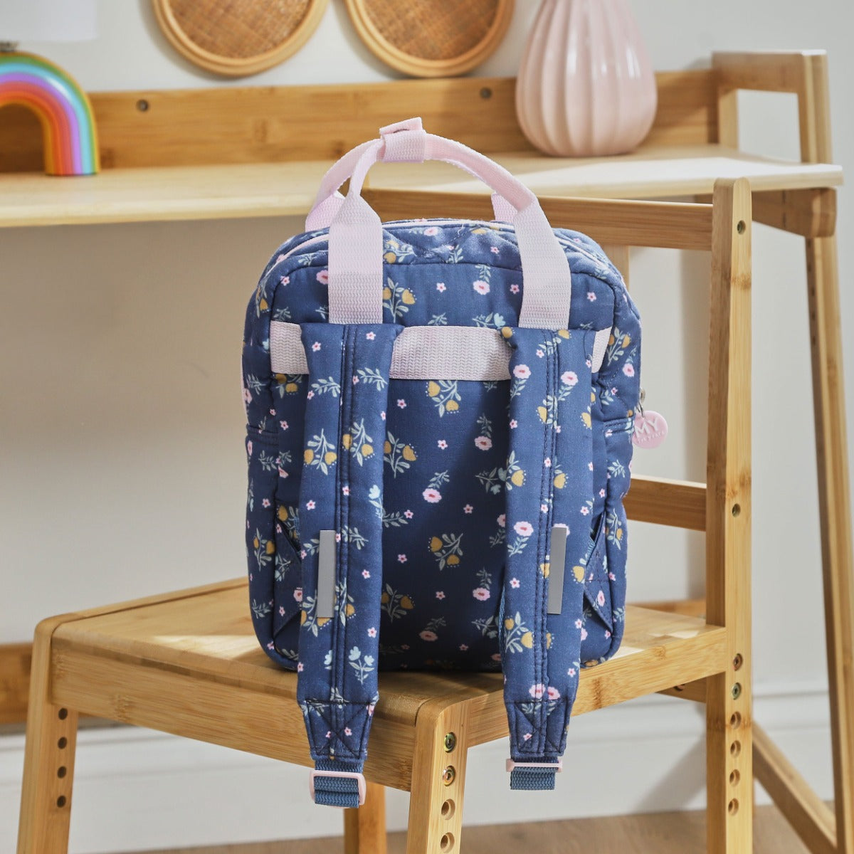 Personalised Quilted Navy Floral Mini Grab Handle Backpack 