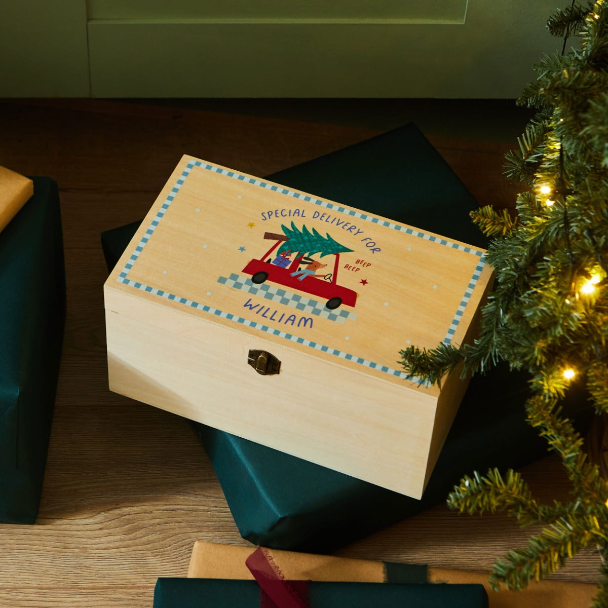 Personalised Wooden Checkered Blue Christmas Tree Keepsake Box FSC®