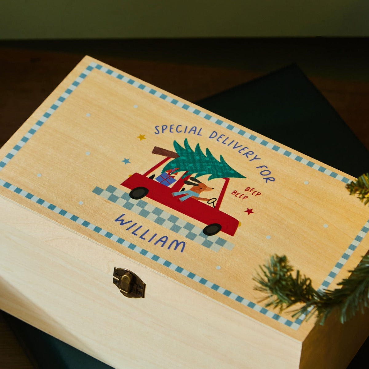 Personalised Wooden Checkered Blue Christmas Tree Keepsake Box FSC®