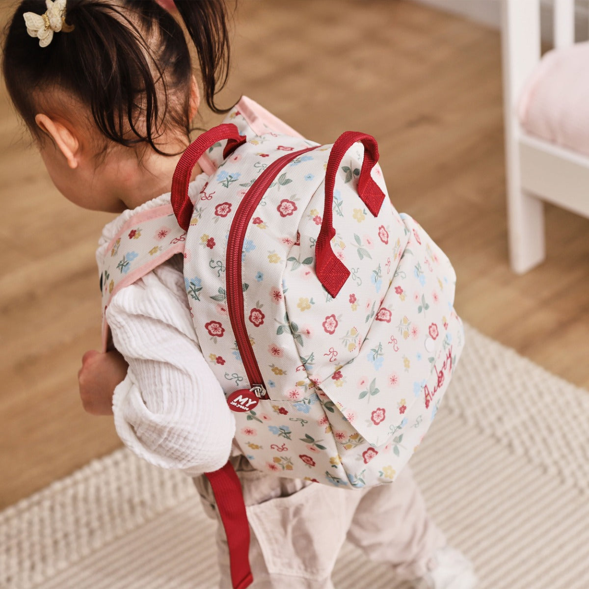 Personalised Ecru Floral All-Over Print Mini Grab Handle Backpack 