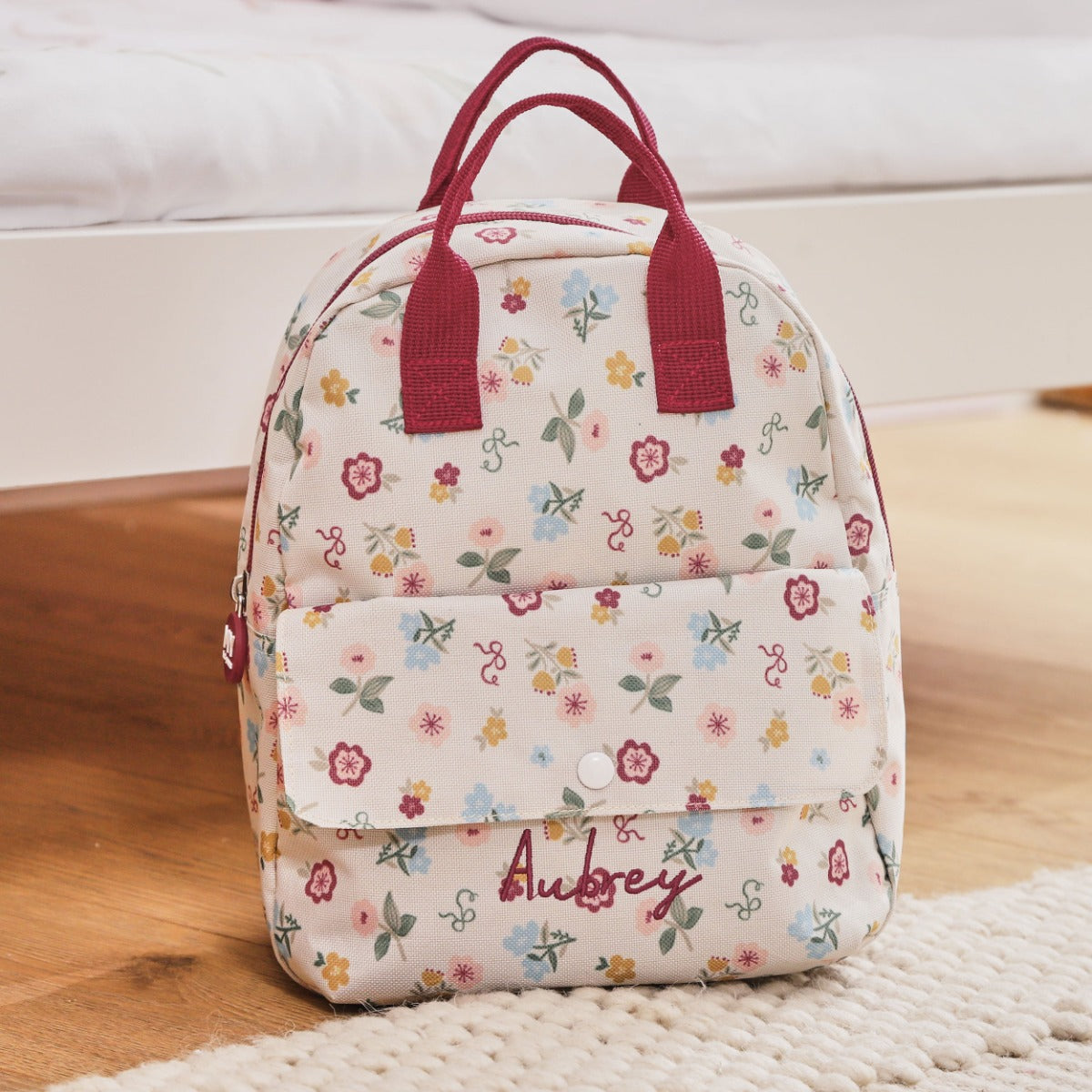 Personalised Ecru Floral All-Over Print Mini Grab Handle Backpack 