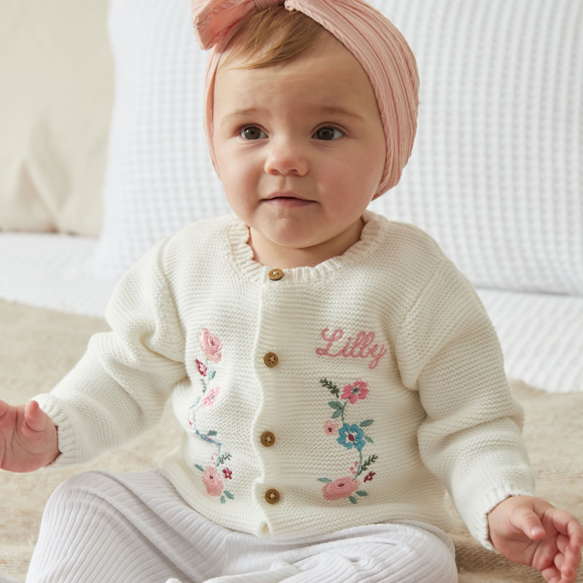 Personalised Front Floral White Lightweight Cardigan