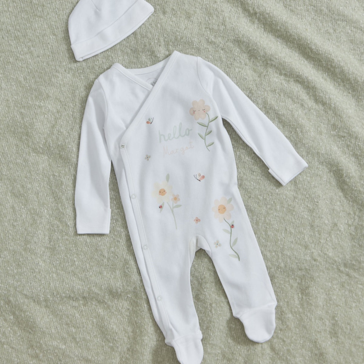 Personalised Floral All-Over Print Wrap Sleepsuit & Hat Gift Set 