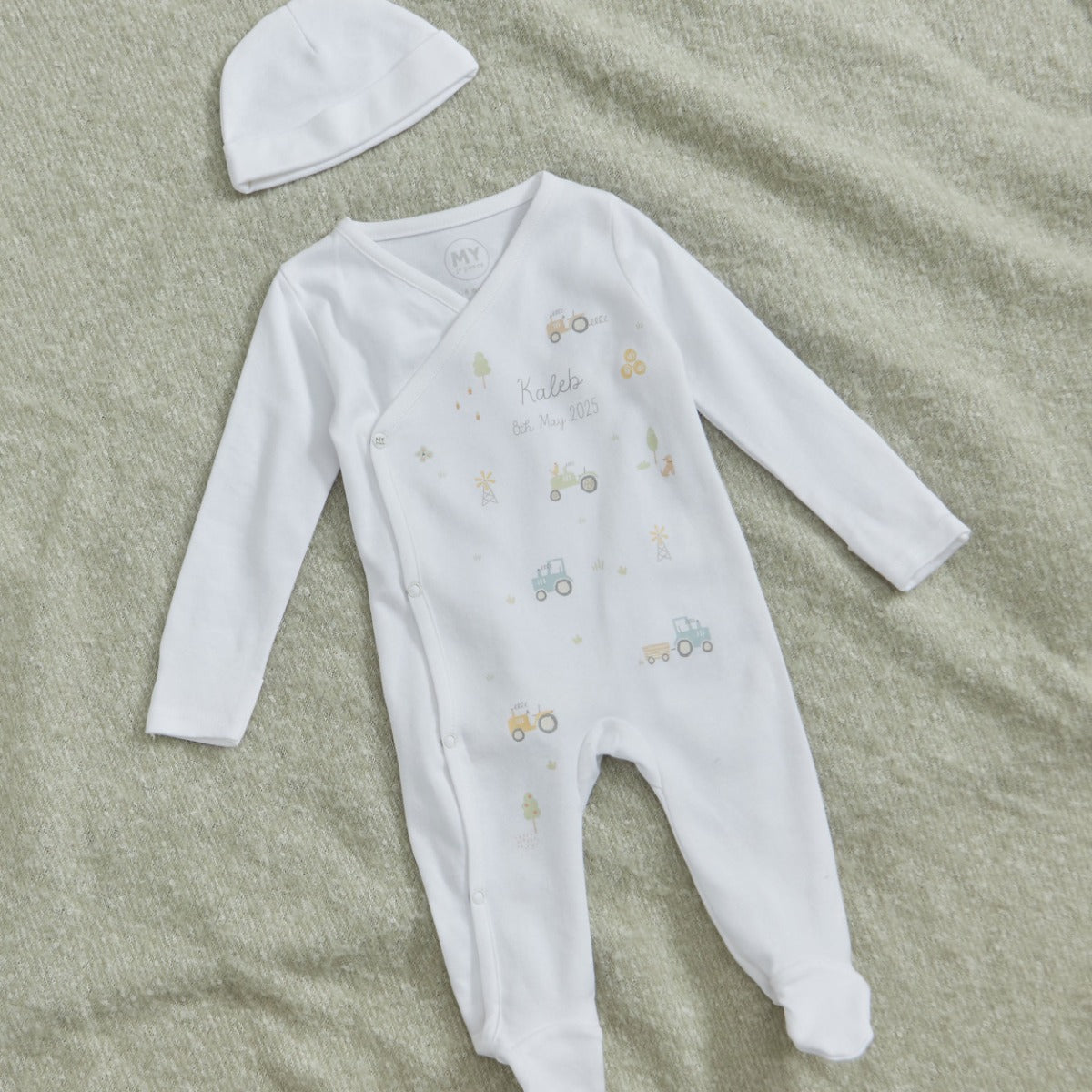 Personalised Tractor All-Over Print Wrap Sleepsuit & Hat Gift Set 