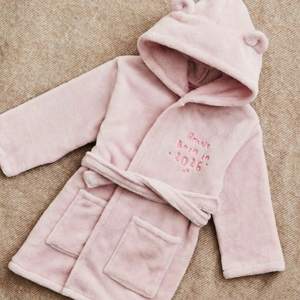 Personalised Born in 2026 Pink Fleece Robe with Ears