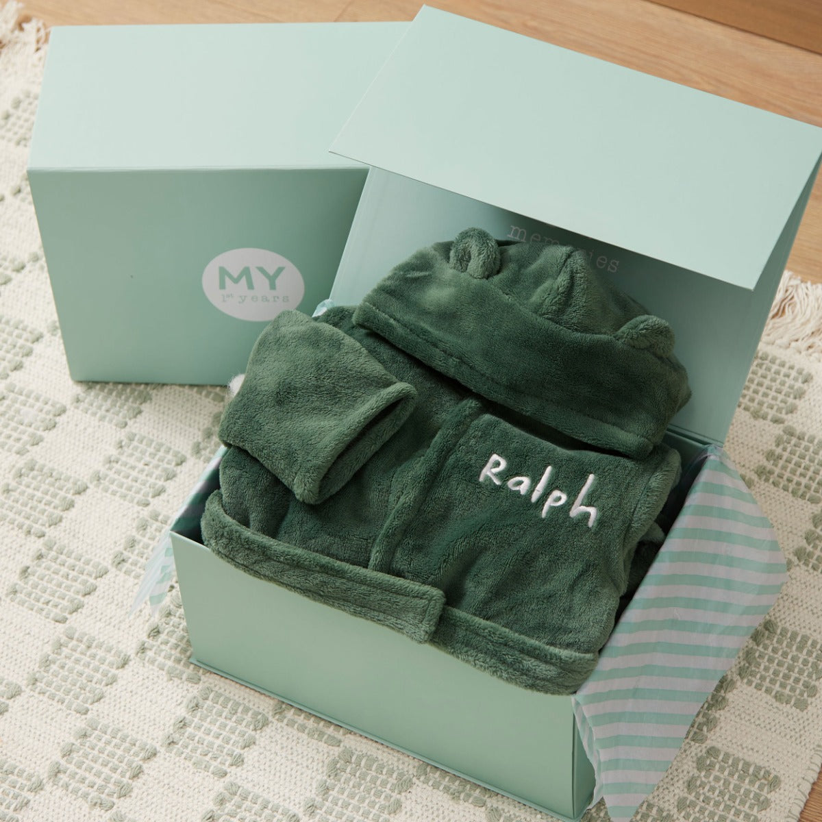 Personalised Forest Green Fleece Robe With Ears