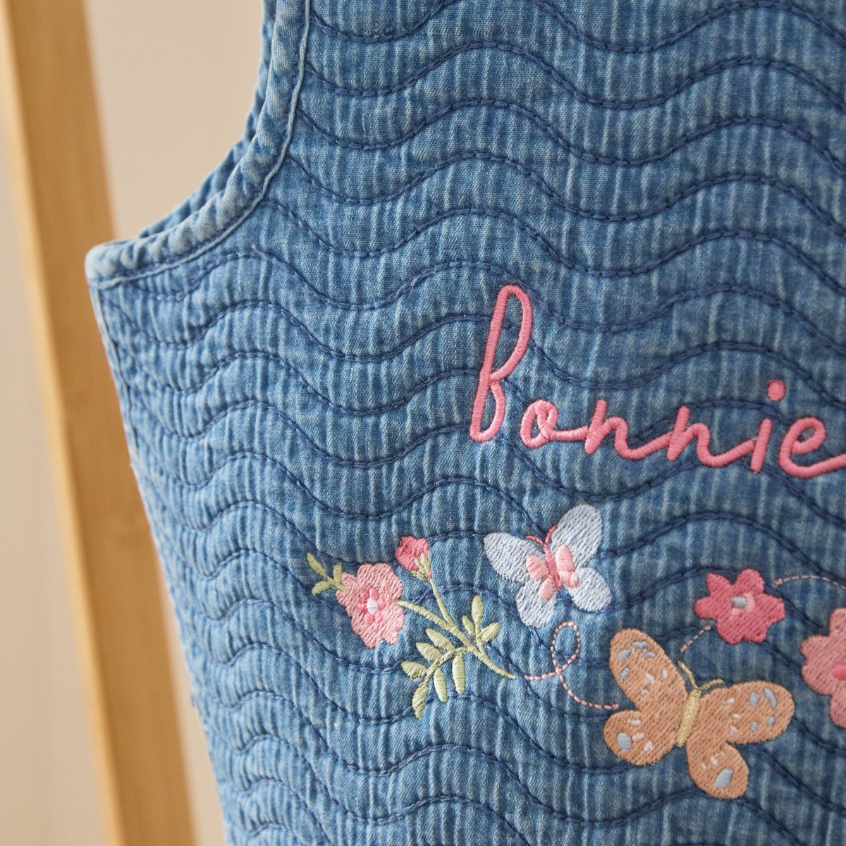 Personalised Garden Secrets Butterfly Quilted Denim Gilet