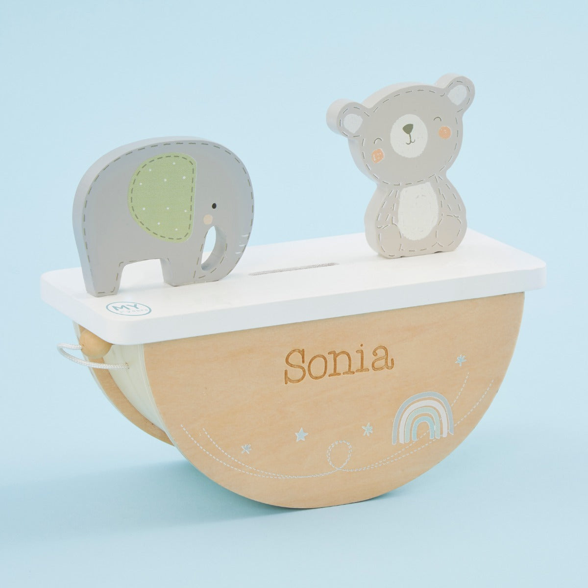 Personalised Wooden Bear and Elephant Rocking Money Box