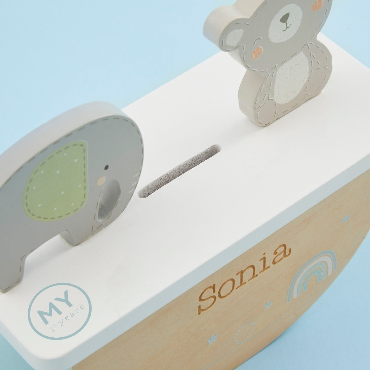 Personalised Wooden Bear and Elephant Rocking Money Box