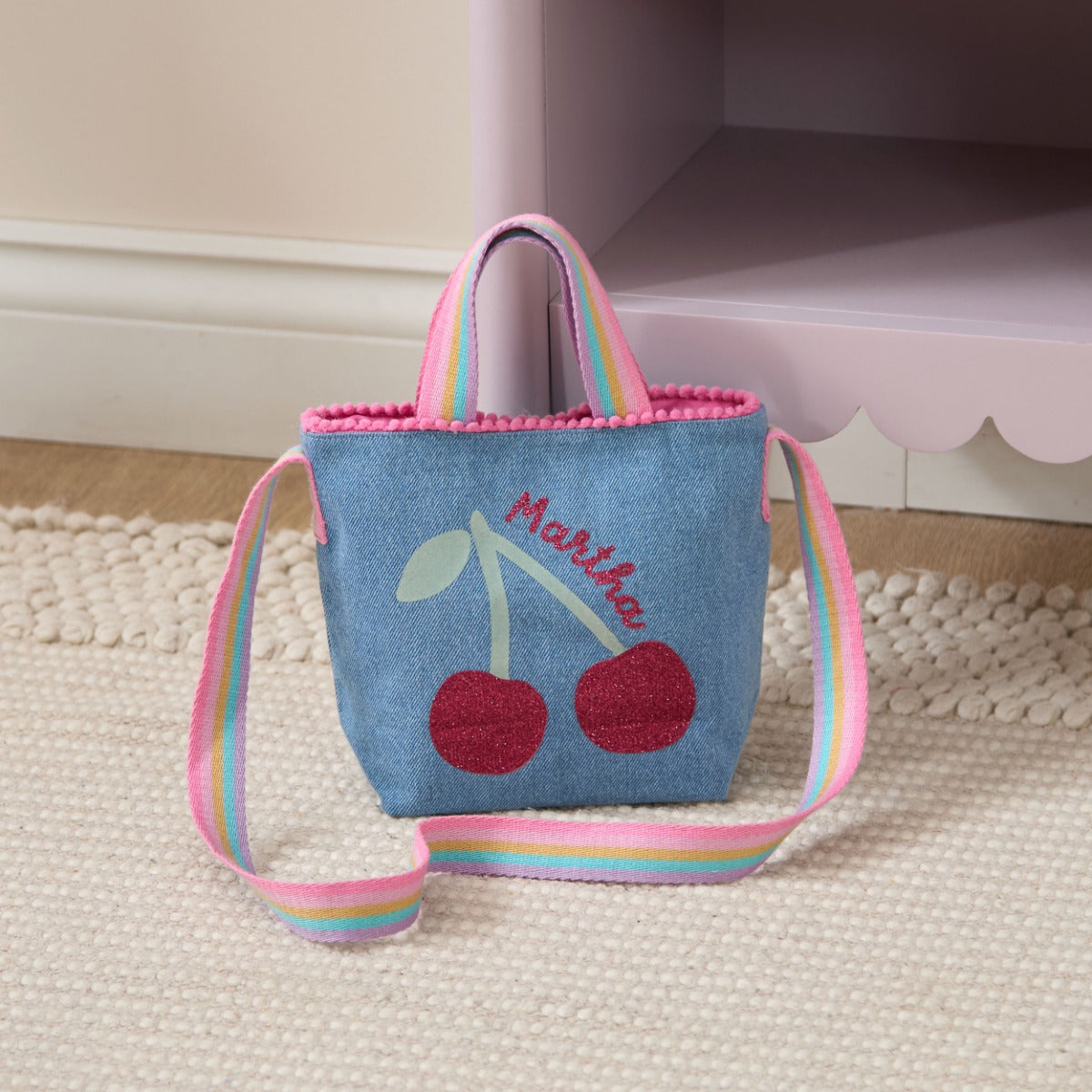 Personalised Glitter Cherries Denim Handbag