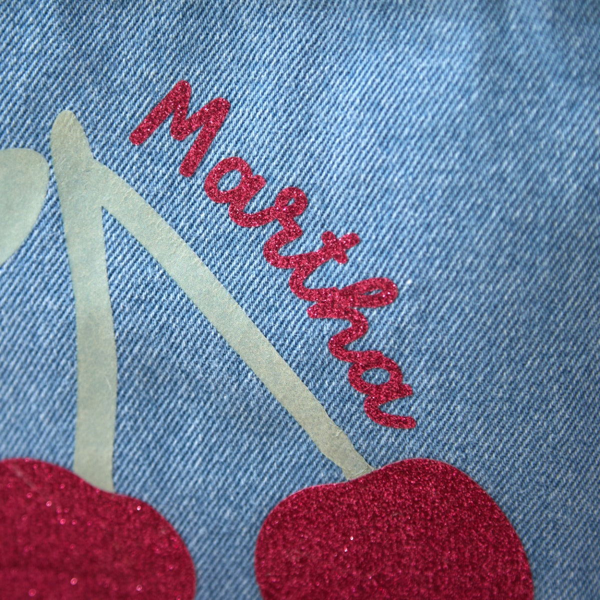 Personalised Glitter Cherries Denim Handbag