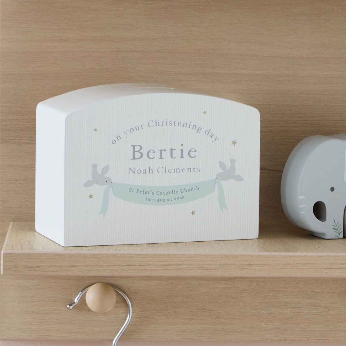 Personalised Dove Christening Wooden Money Box