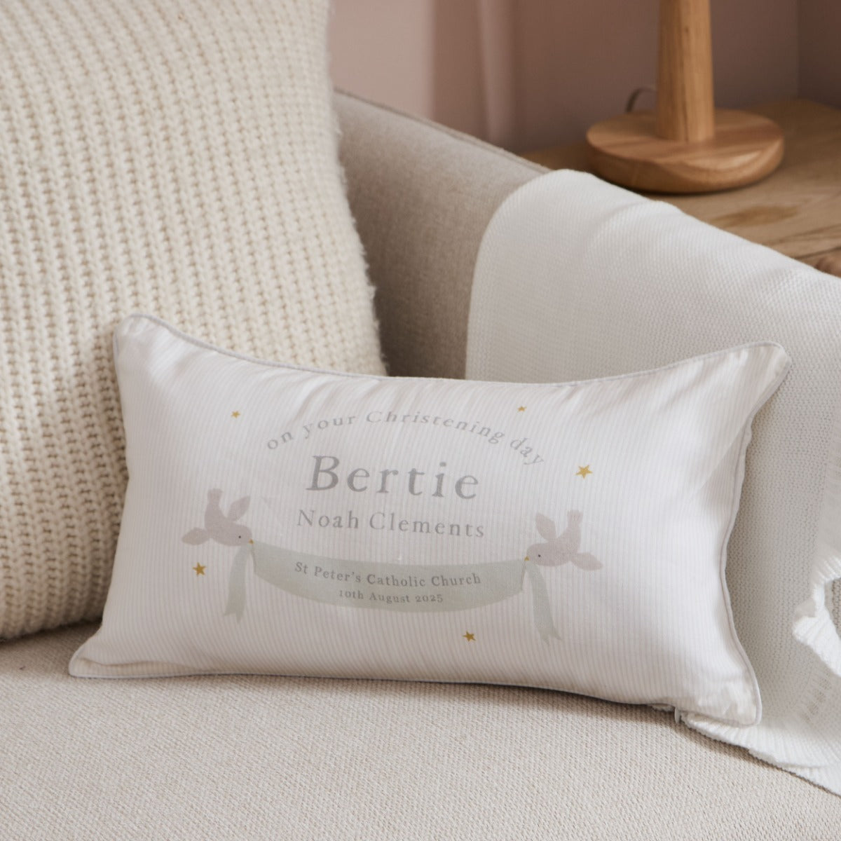 Personalised Dove Christening Linen Cushion