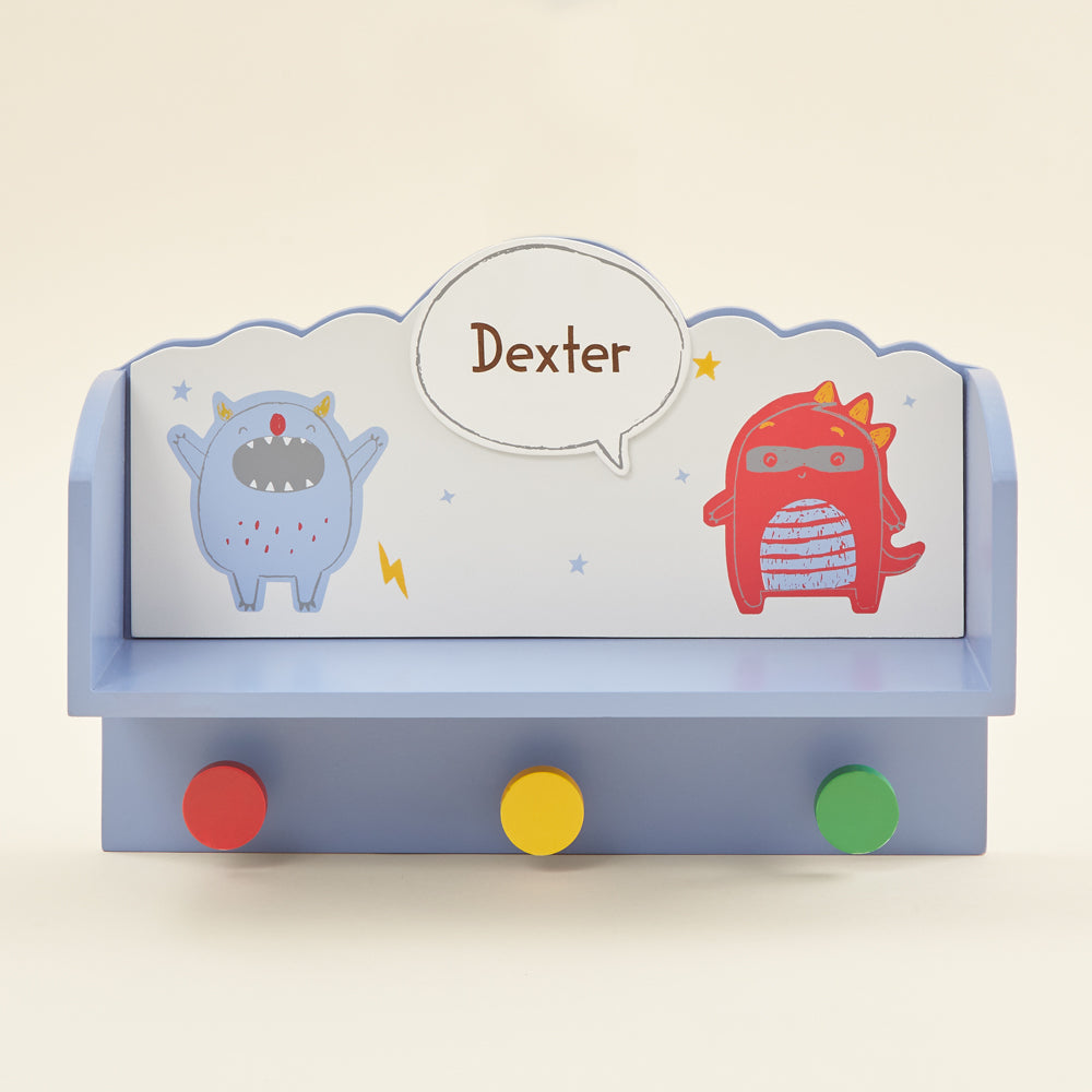 Personalised Little Monster Wooden Shelf with Hooks