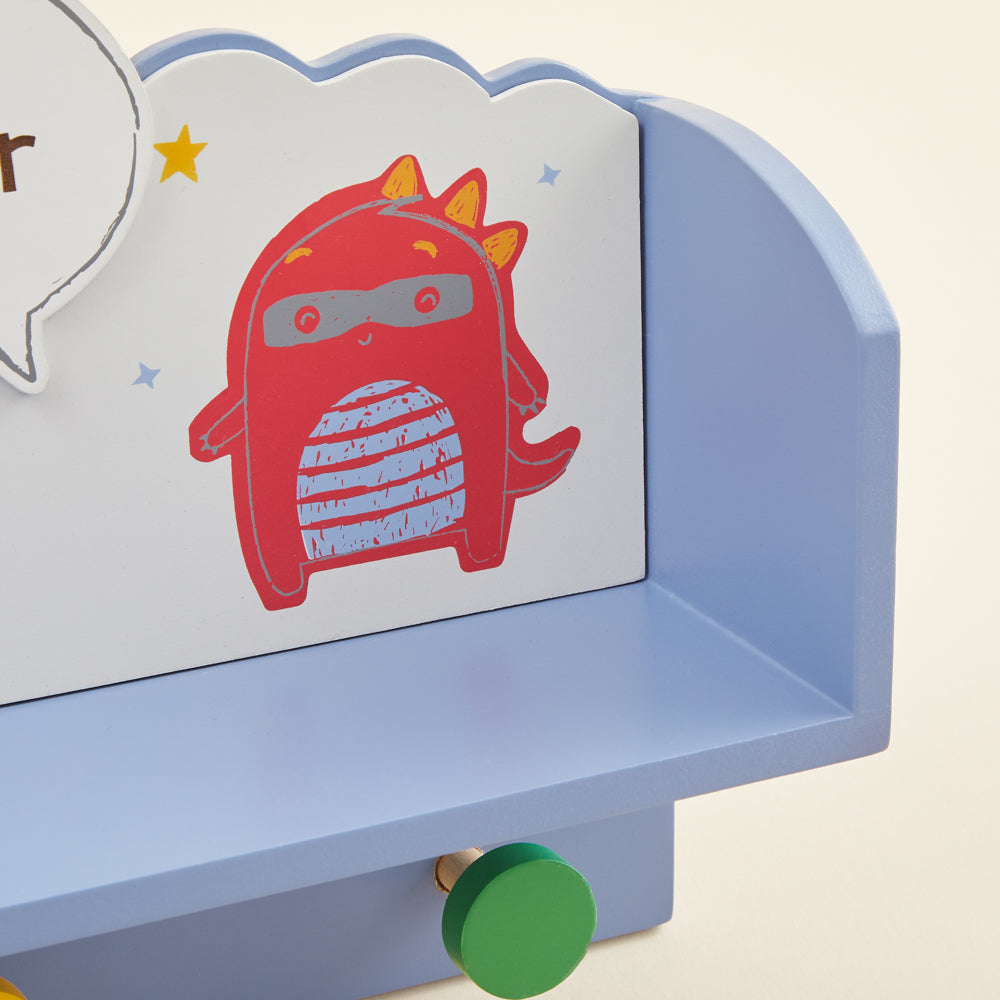 Personalised Little Monster Wooden Shelf with Hooks detail
