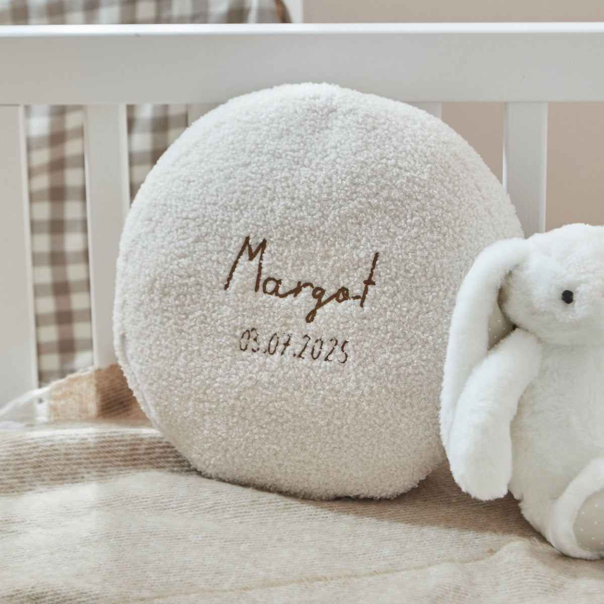 Personalised Name & Date Round Borg Cushion