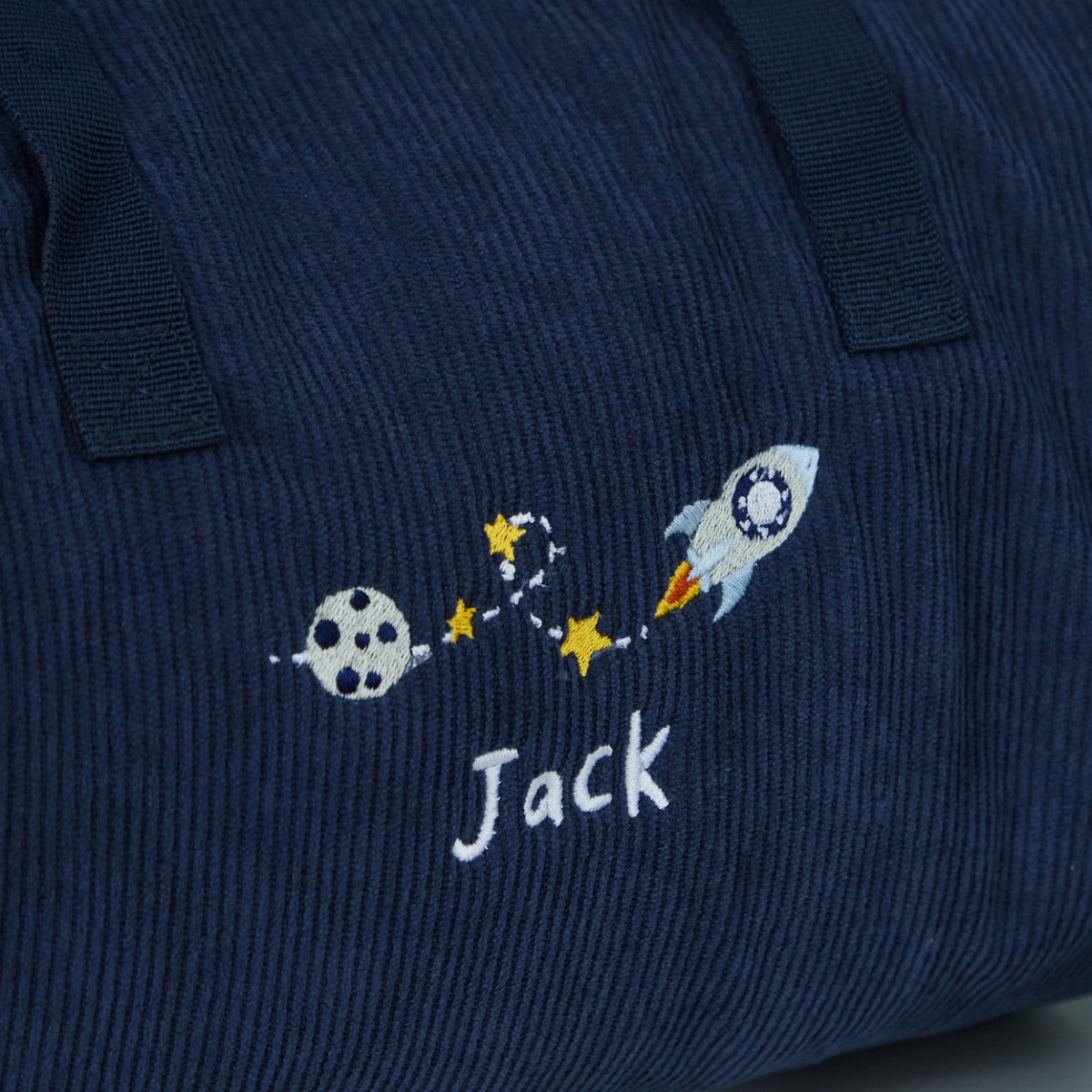 Personalised Space Rocket Navy Cord Barrel Bag
