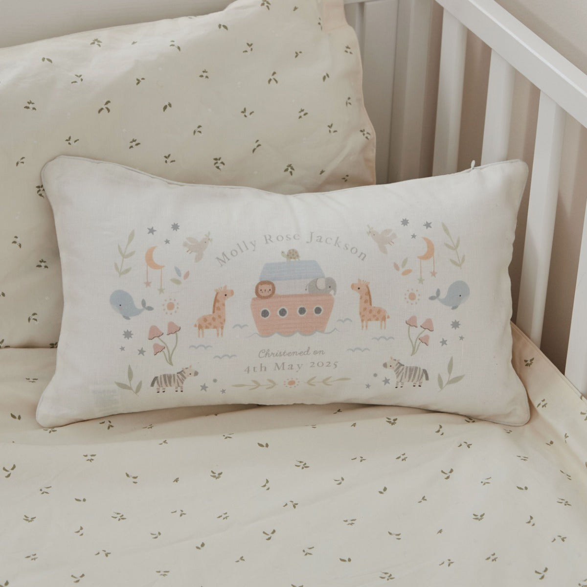 Personalised Noah's Ark Christening Linen Cushion 