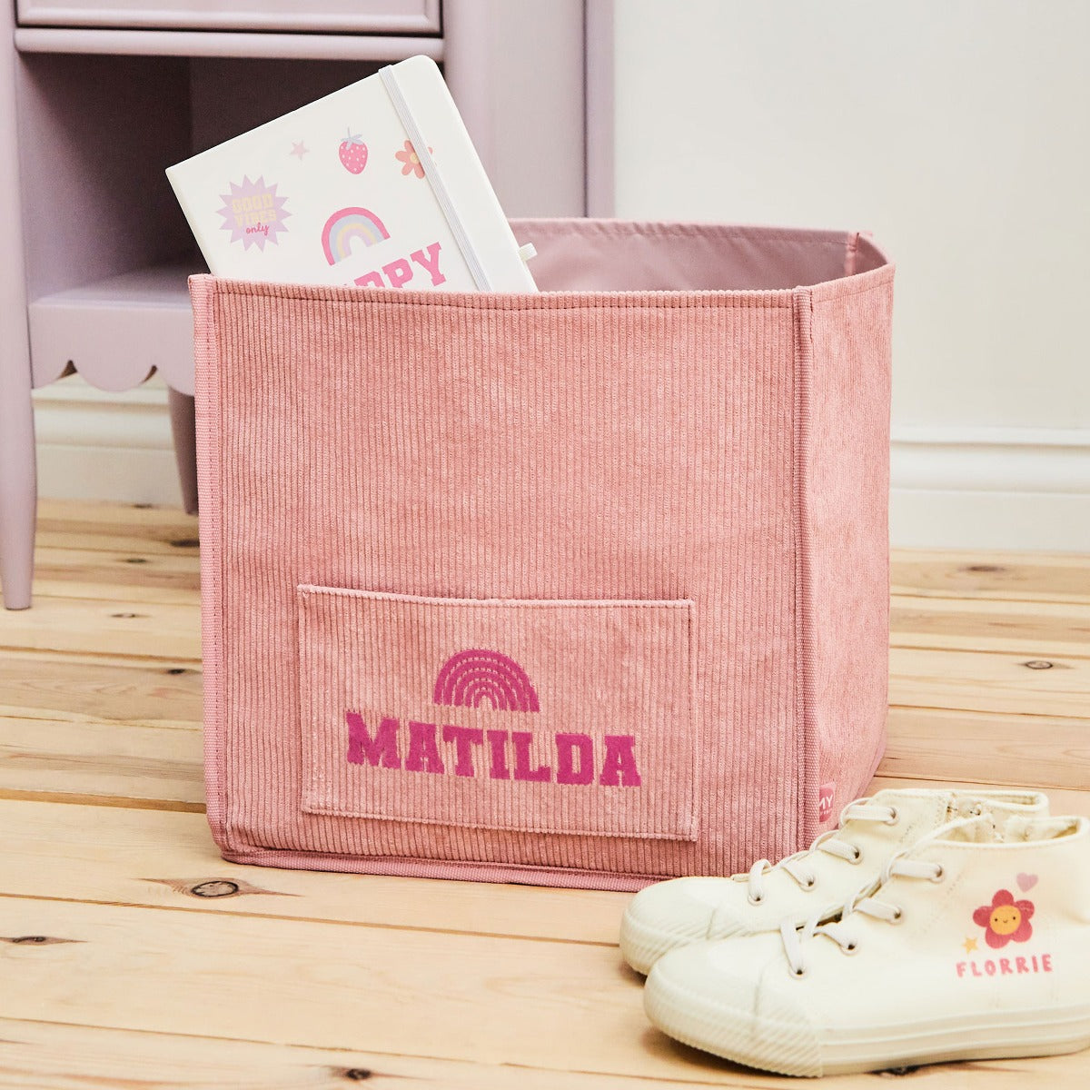 Personalised My Kids Pink Rainbow Cube Storage 