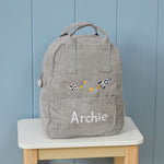 Personalised Rocket Embroidered Grey Cord Backpack