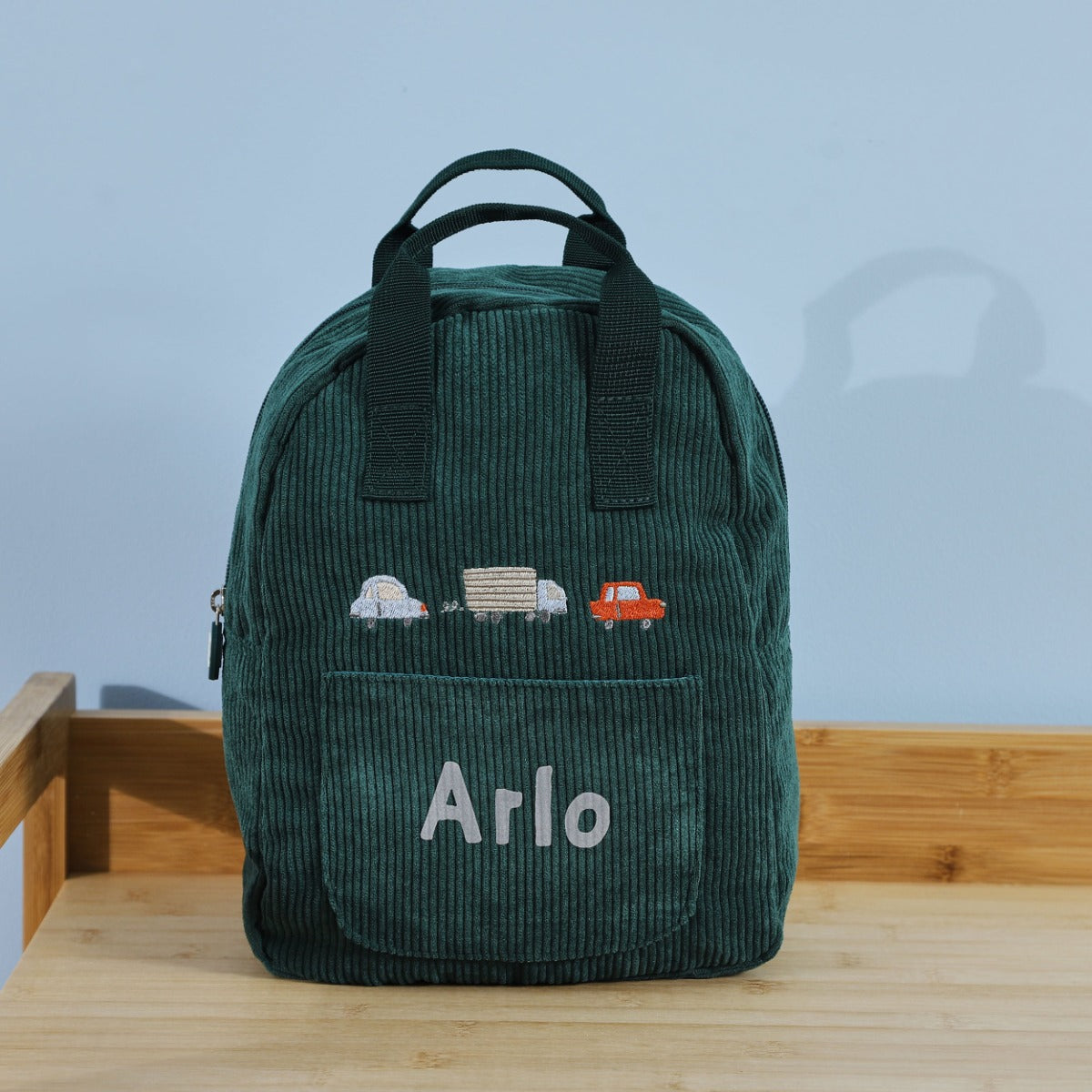 Personalised Transport Forest Green Cord Mini Backpack