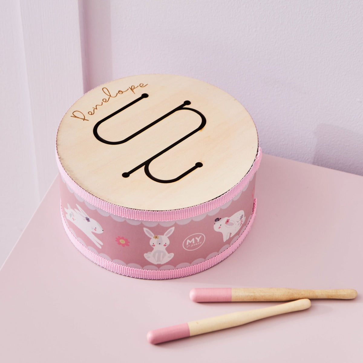 Personalised Pink Wooden Bunny Drum FSC®