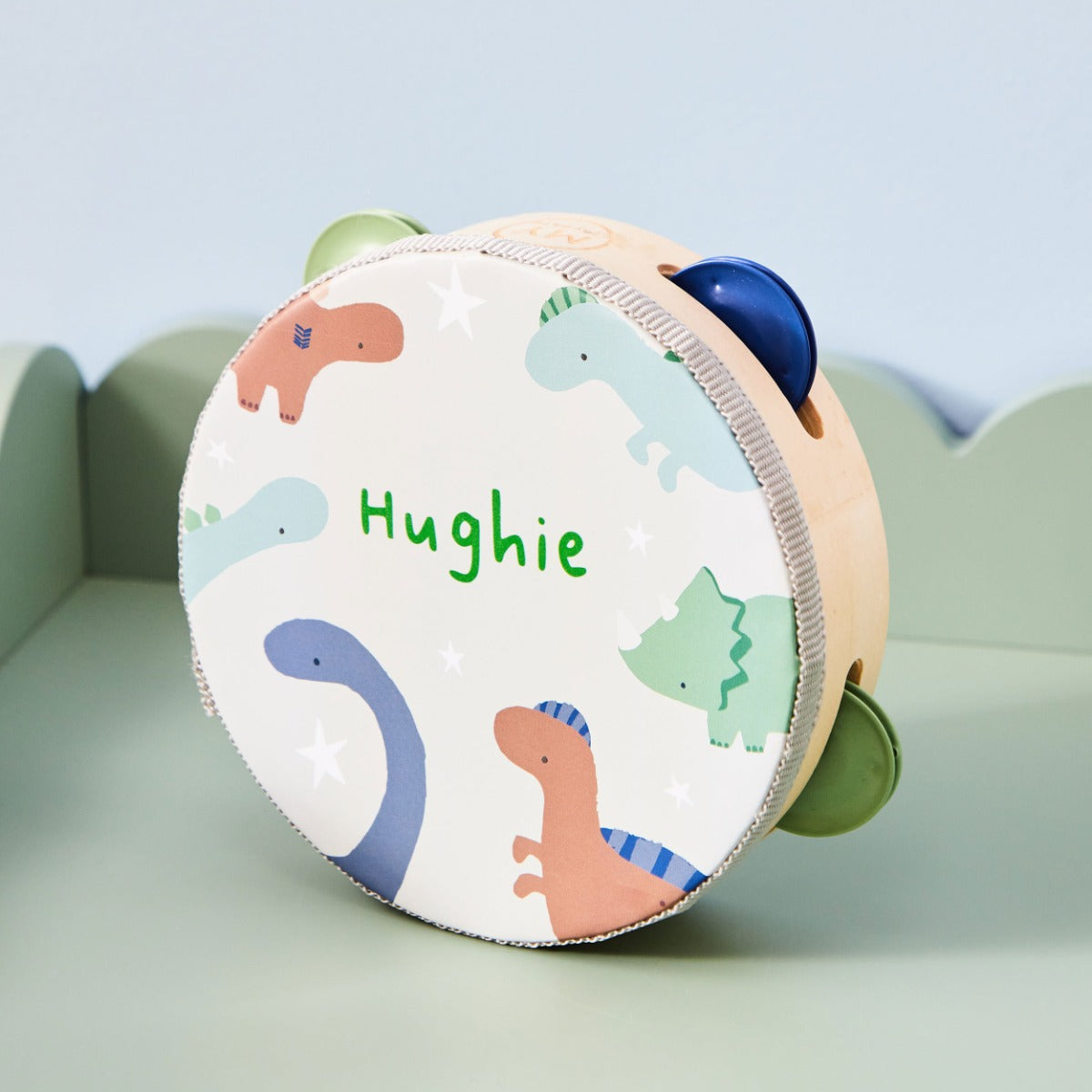 Personalised Blue Wooden Dino Tambourine FSC®