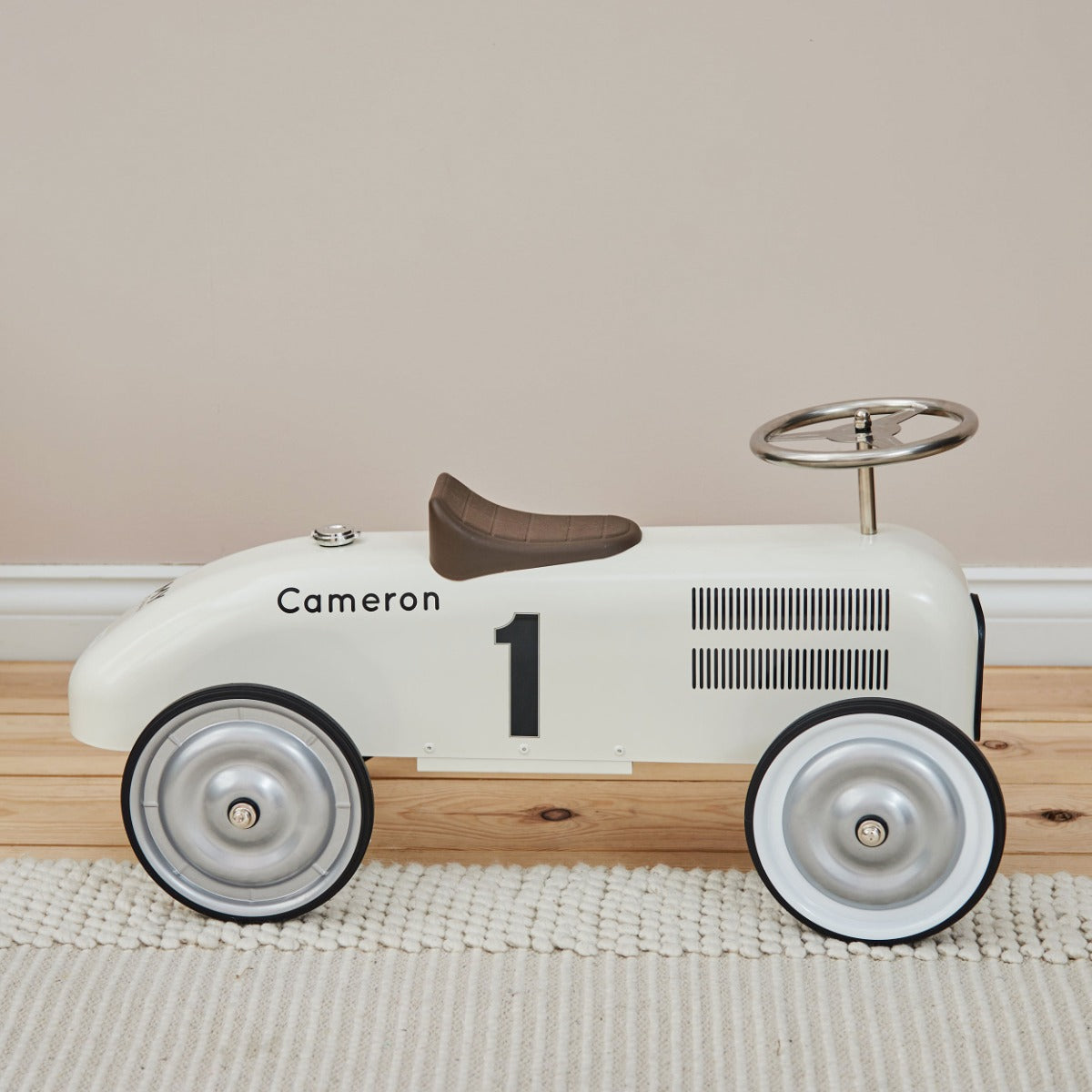 Personalised White Metal Ride On Car