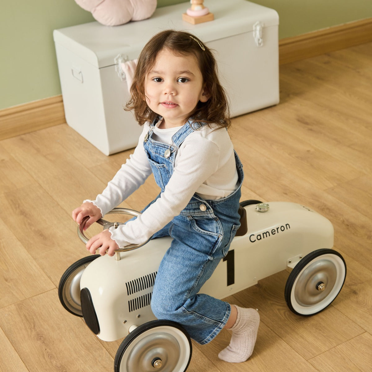 Personalised White Metal Ride On Car