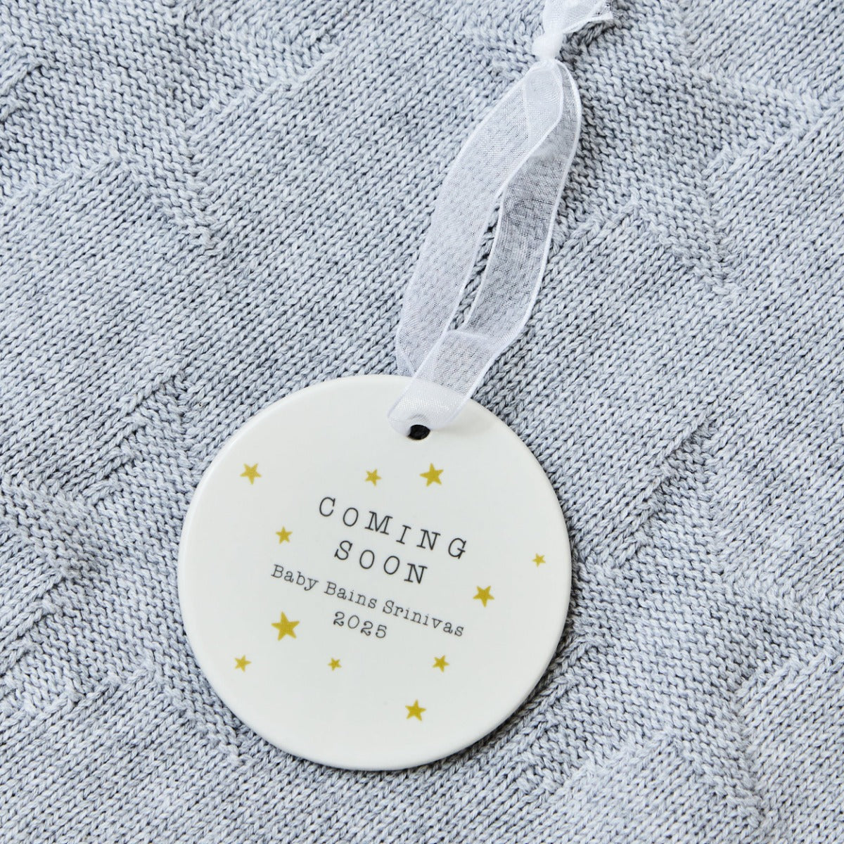 Personalised Coming Soon Round Ceramic Hanging Decoration