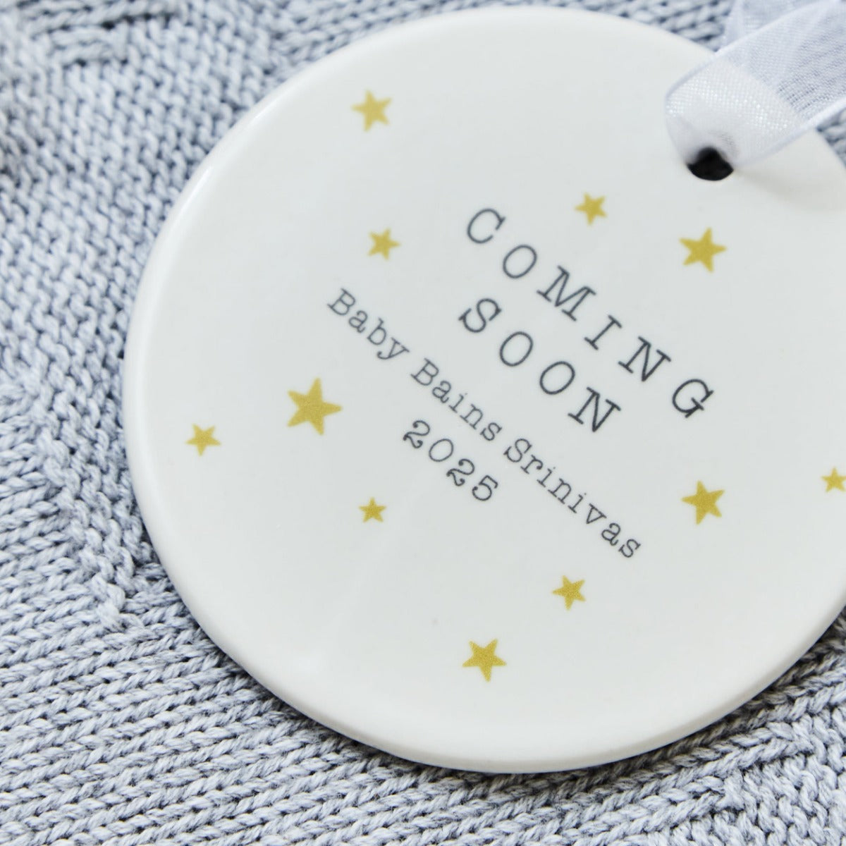 Personalised Coming Soon Round Ceramic Hanging Decoration