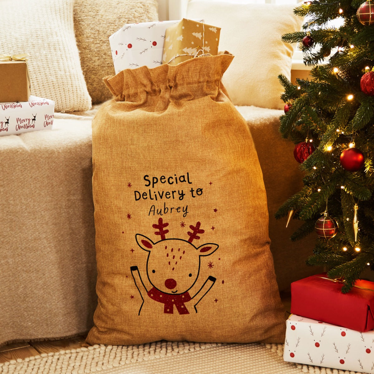 Personalised Brown Reindeer Christmas Sack