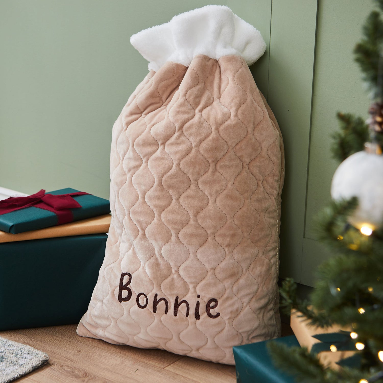Personalised Oatmeal Velvet Name Gift Sack